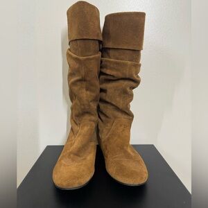 Bonanza Slouchy Knee Suede Boots - Brown Size 7.5 Flat Heel Folded top Leather